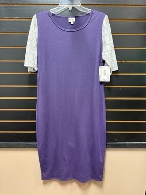 LuLaRoe Julia Dress Purple Lace Sleeve Bodycon Stretch Size L NWT